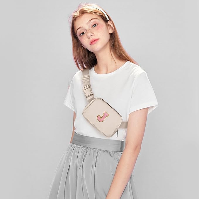 Gitus Belt Bag Fanny Pack Crossbody Bags with Initial Letter Patch Cute Stuff Birthday Gifts for Teenager Girls Trendy Preppy Stuff for Teen Girls(Beige-J)