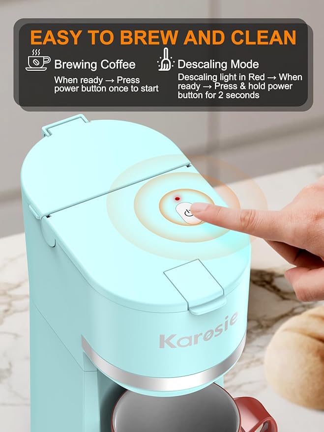 Single Serve Coffee Maker for K-Cup and Ground Coffee, Fast Brew, 6-12 oz Brew Sizes One Cup Coffee Machine Fits 5.5" Mugs, One-Button Small Coffee Maker with Descaling Reminder, Light Blue