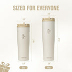 Coolflask Water Bottle 40 oz Fits Car Cup Holder, Slim Tumbler Stainless Steel with Straw & Handle, Vacuum Flask Leakproof Wide Mouth for Travel Sports Gym, Cream White