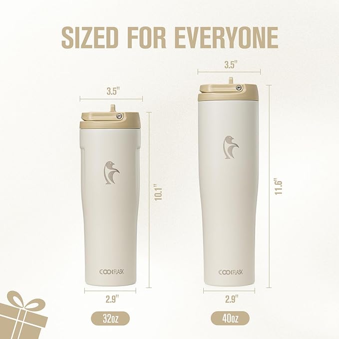 Coolflask Water Bottle 40 oz Fits Car Cup Holder, Slim Tumbler Stainless Steel with Straw & Handle, Vacuum Flask Leakproof Wide Mouth for Travel Sports Gym, Cream White