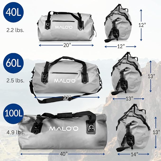Malo’o Waterproof Dry Duffel, Heavy-Duty Roll Top Waterproof Gear Bag with Shoulder Strap & Molle Loops, Marine Duffel for Kayaking, Boating, Camping, Beach & Travel, Grey, 40L