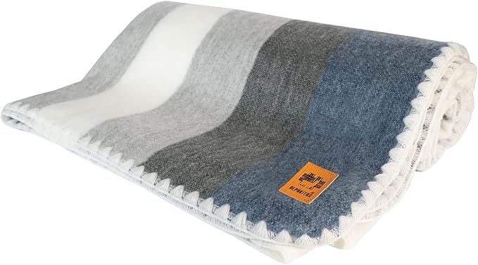 Alpaca Wool Blanket – Twin Size, 75 x 38 Inches – Warm & Lightweight – Couch, Bed, or Outdoor Blanket – Gray & Blue