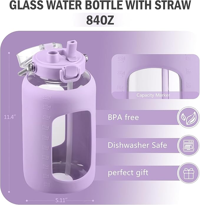 BLUEGO 84oz Water Bottle Glass with Stainless Steel Handle Large 2.5l Water Bottle with Time Markers and Silicone Sleeve Half Gallon Water Jug BPA Free for Gym Daily Use, Purple