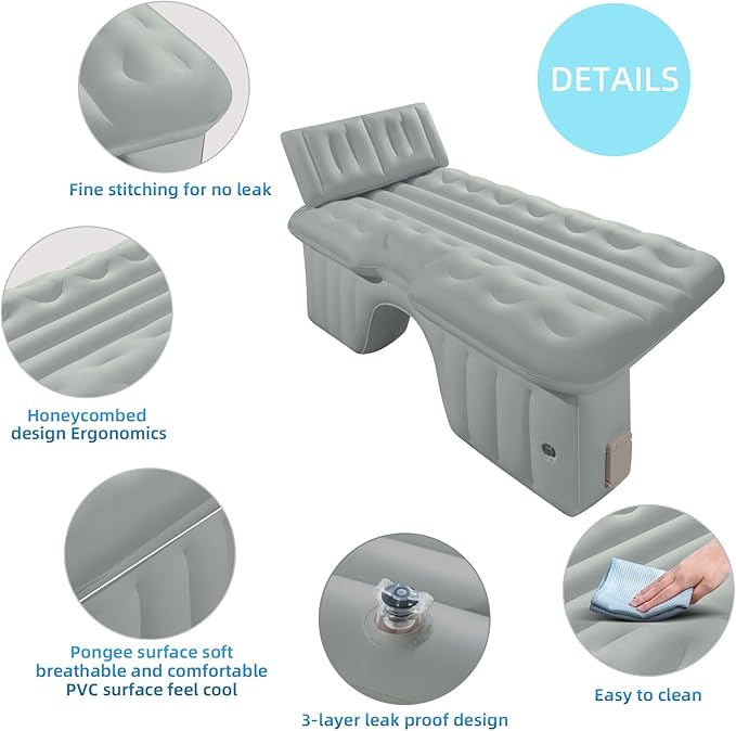 BEBAS Self-Inflating SUV Air Mattress Car Back Seat Bed, PVC Flocked Surface Car Air Couch Cushion Built-in Charging Pump for Rapid Inflation and Deflation. Gray