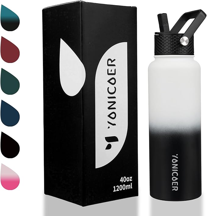 Insulated Water Bottle 40oz,Triple Wall Vacuum Stainless Steel(Dishwasher Safe),Leak Proof & Non-BPA,Flask Jug with Paracord Handle & Straw Spout Lids Sports Gradient black