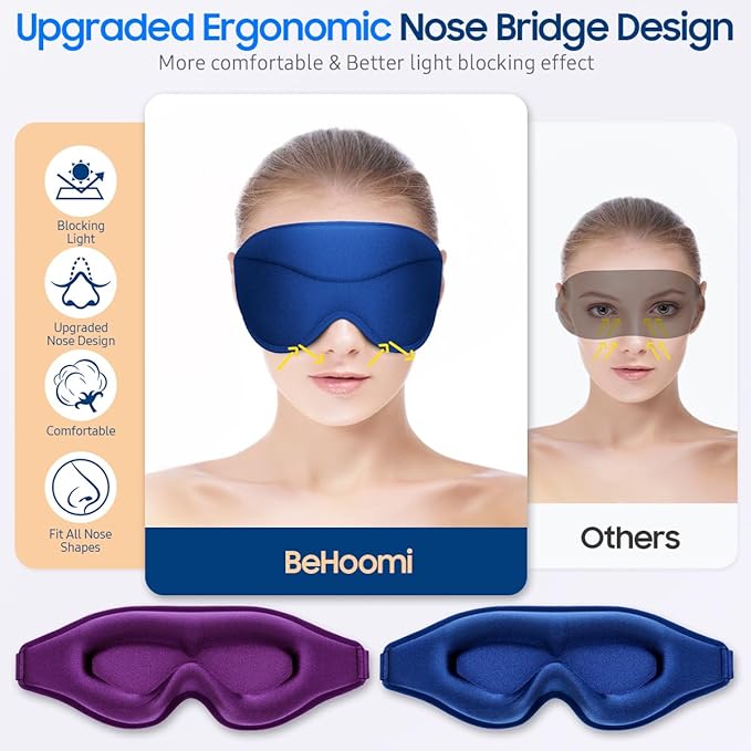 Sleep Mask, 2 Packs Premium Eye Mask for Sleeping, Total Blackout, Superior Soft Comfort, Upgraded 3D Ergonomic Designed Sleeping Mask for Home, Office, Travel, Meditation, Yoga, Blue & Purple