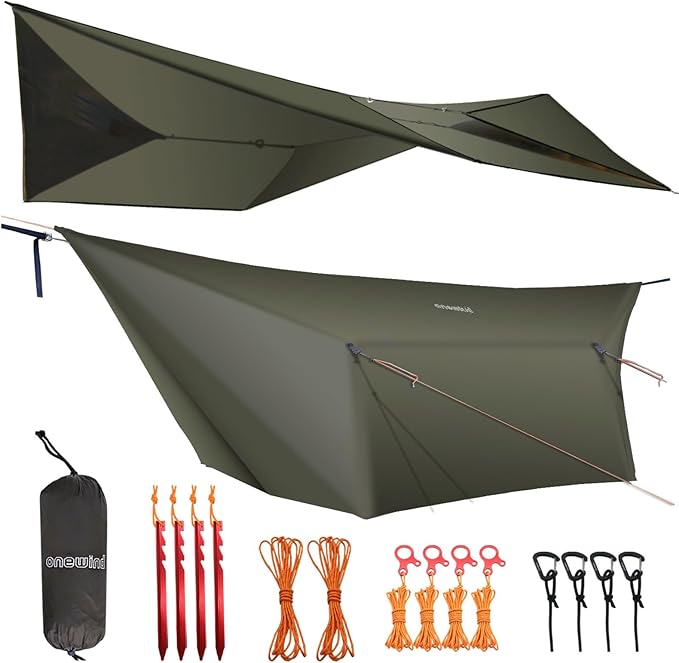 onewind 12×10 ft Hammock Tarp, Ultralight Tarp Silnylon Hammock Rain Fly Lightweight Waterproof Camping Tent Tarp with Doors, Easy to Setup with Stuff Sack, Tent Stakes, OD Green