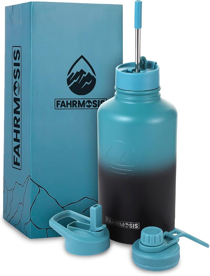 64 Oz Water Bottle with Straw Stainless Steel Sports Water Bottle with 3 Lids (Straw, Chug and Flip Lid) Leak Proof Metal Half Gallon Jug for Men & Women - Indigo Green