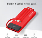 Power Bank 10000mAh Portable Charger with 4 Built-in Cables, Type-C in & Out Phone Charger, External Battery Charger Pack & Travel Essential for iPhone 16/15/14, Samsung, iPad, Android