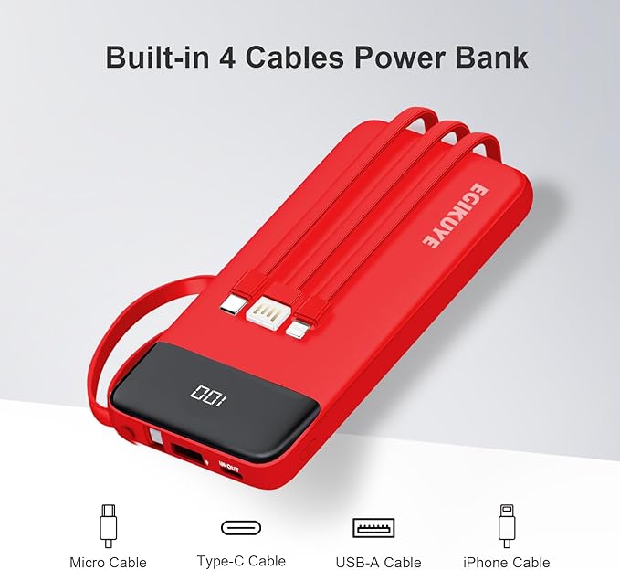 Power Bank 10000mAh Portable Charger with 4 Built-in Cables, Type-C in & Out Phone Charger, External Battery Charger Pack & Travel Essential for iPhone 16/15/14, Samsung, iPad, Android