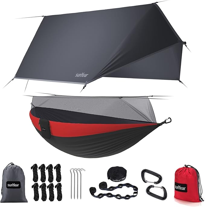 Sunyear Camping Hammock, Portable Single & Double Hammock with Net, 2 Person Hammock Tent with 2 * 10ft Straps, Best for Outdoor Hiking Survival Travel