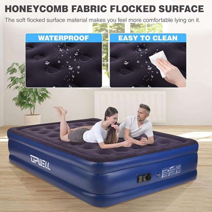 UPWELL Inflatable Air Mattress Queen with Built in Pump Comfort Blow up Bed Waterproof Fast&Easy Set up Dura Beam Strong Support Mattress for Home Guests & Camping Navy Blue