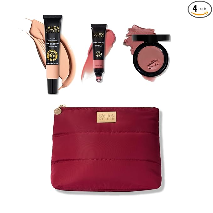 LAURA GELLER NEW YORK Good Skin SPF Makeup Kit (4 PC), Fair | Serum Foundation SPF 50, Cream Blush, Lip Balm SPF 30 | Hydrating, Lightweight Makeup Set for Mature Skin + Cosmetic Bag