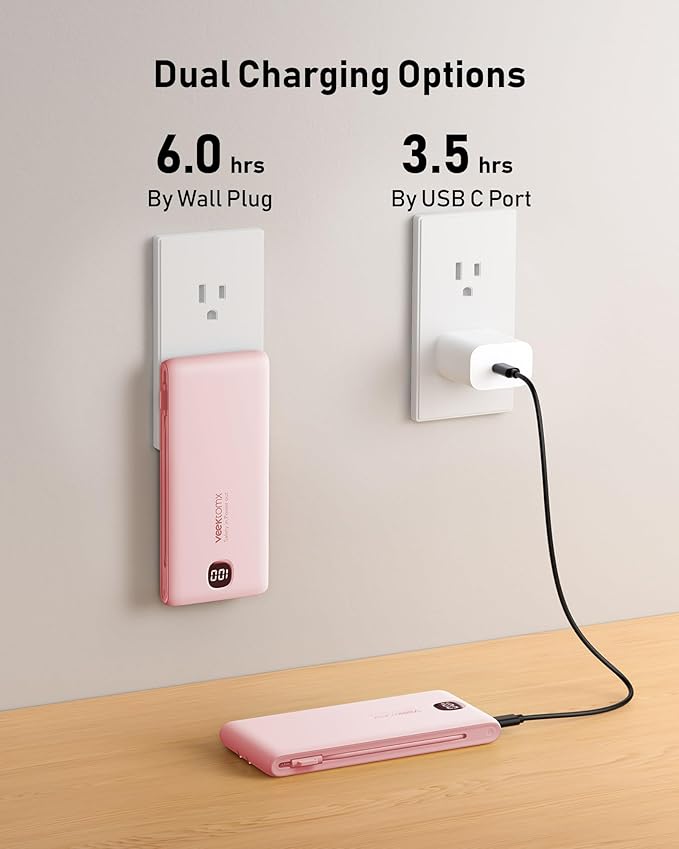 Portable Charger Power Bank Built in Cables and Wall Plug, 10000mAh iPhone Battery Pack Fast Charging, USB C External Slim Power Bank, Travel Essentials Compatible with iPhone 16 15 14 13 iPad, Pink