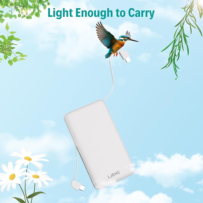 10000mAh Slim Power Bank with Built in Cable,Thin Lightweight Portable Phone Charger,4 Output USB C Travel Essentials External Battery Pack Clutch Charger for iPhone,Samsung,Android,Heated Vest,White