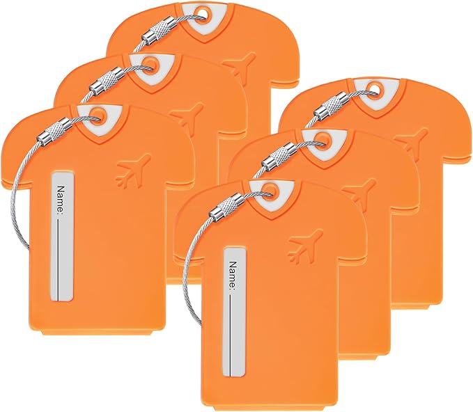 6Pack Personalized Jersey Shaped Plastic Luggage Tags - Lightweight and Secure Privacy Protection for Your Personal Information (Orange)