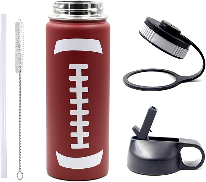 18 oz Football Water Bottle, Sports Cup Flask Metal Travel Mug with 2 Lids, Stainless Steel Double Wall Vacuum Insulated Leak Proof Water Bottles, Football Accessories Stuff Gifts for Boys Girls Fans
