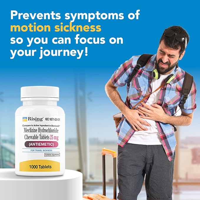 Rising Health Motion Relief and Nausea - Meclizine HCL 25mg - Antiemetic, Motion Relief Chewable Tablets (1000)