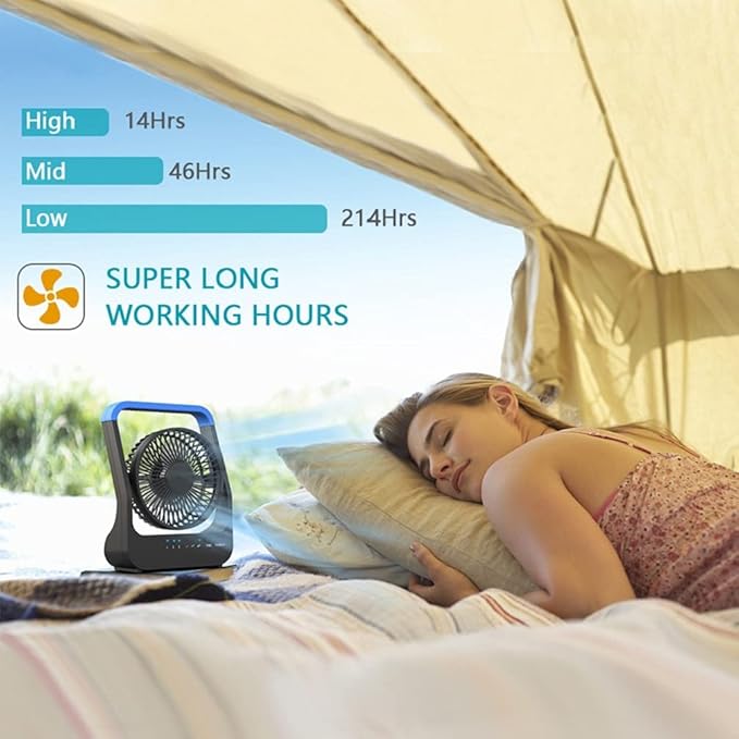 Portable Desk Fan, D Battery Operated Fan for Hurricane, Powered Fan by USB Cable 214H Long Lasting with Timer 6'' Portable for Outdoor Camping Quiet 3 Speeds for Office Bedroom(Blue)