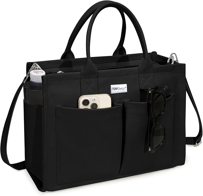 TOPDesign Heavy-Duty Canvas Tote Bag for Women, Adjustable Crossbody/Shoulder Handbag with 9 Pockets, Everything Tote