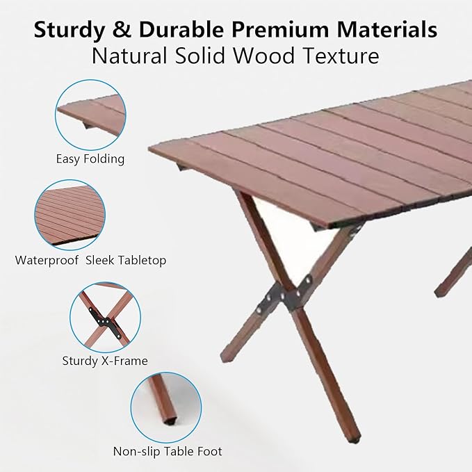48Inch Folding Camping Table, Lightweight Roll-Up Table Aluminum Low Portable Picnic Table with Carrying Bag for Outdoor, Beach, Picnic, Backyards, BBQ and Party (Walnut, 120CM)