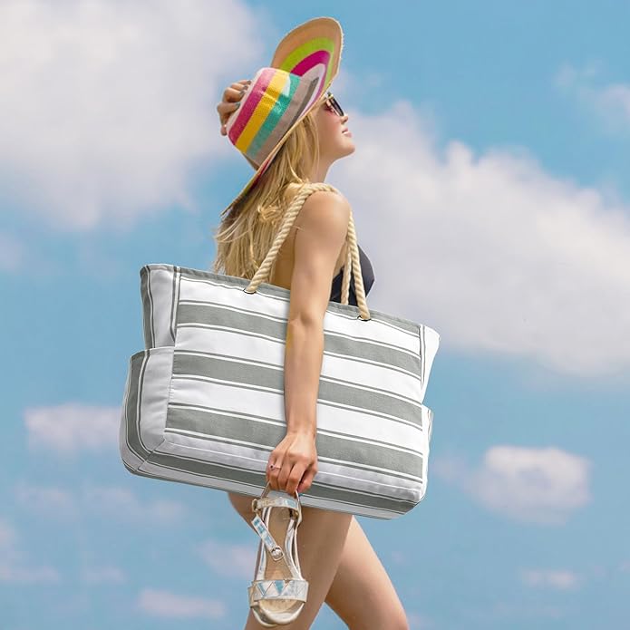Becokan Beach Bags for Women Large Waterproof Beach Tote Bag Zipper Beach Bags Waterproof Sandproof Swim Pool Bag Large Tote