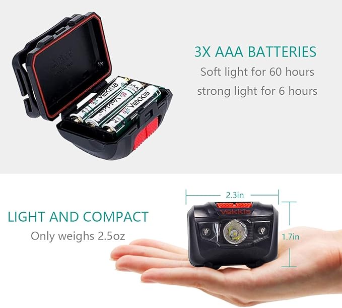Vekkia Ultra Bright LED Headlamp-5 Lighting Modes,White & Red LEDs Head Lamp, Camping Accessories Gear. IPX6 Waterproof Headlight for Running,Cycling,Fishing,Hiking,Repairing. Batteries Included