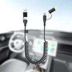 Coiled Carplay 4-in-1 USBA/Type C to USB-C/Lightning Cable Multi Combo for Apple Carplay& Android Auto,60W Fast Charge&Data Sync Car Charger Cord for iPhone 15/14/13/12,Samsung,Android-Black