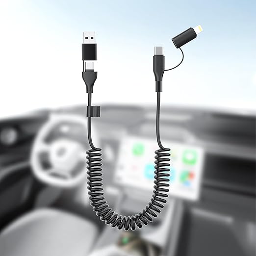 Coiled Carplay 4-in-1 USBA/Type C to USB-C/Lightning Cable Multi Combo for Apple Carplay& Android Auto,60W Fast Charge&Data Sync Car Charger Cord for iPhone 15/14/13/12,Samsung,Android-Black