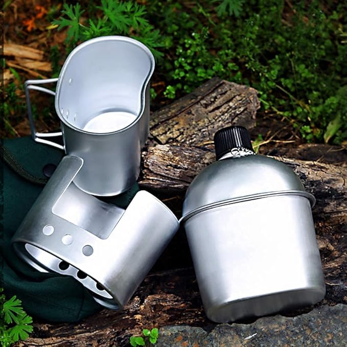 Canteen Cup Stove Pouch Kit Military Canteen with Cup for Outdoor Camping Survival Hiking Backpacking