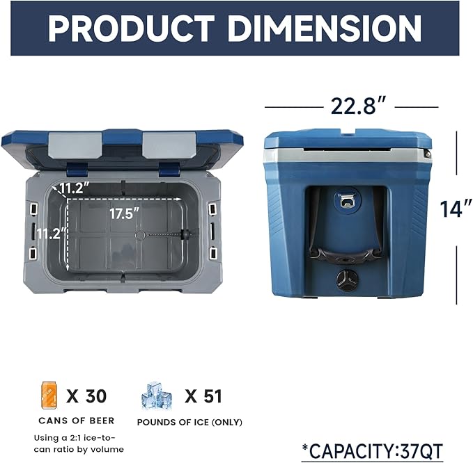 EchoSmile Ultra-Light Hard Cooler 35L/37qt, Outdoor Insulated Ice Chest Box