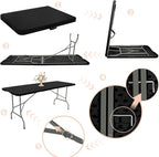 Folding Table 8 FT Camping Table Portable Heavy Duty Plastic Rectangular Outdoor Dining Table Steel Legs Fold-in-Half with Carrying Handle for Indoor,Picnic,Party,Wedding,Events(Black)