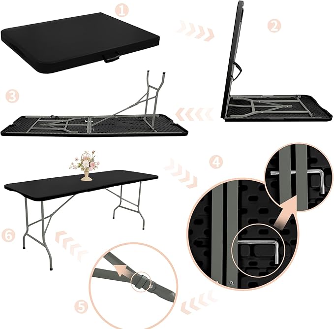 Folding Table 8 FT Camping Table Portable Heavy Duty Plastic Rectangular Outdoor Dining Table Steel Legs Fold-in-Half with Carrying Handle for Indoor,Picnic,Party,Wedding,Events(Black)