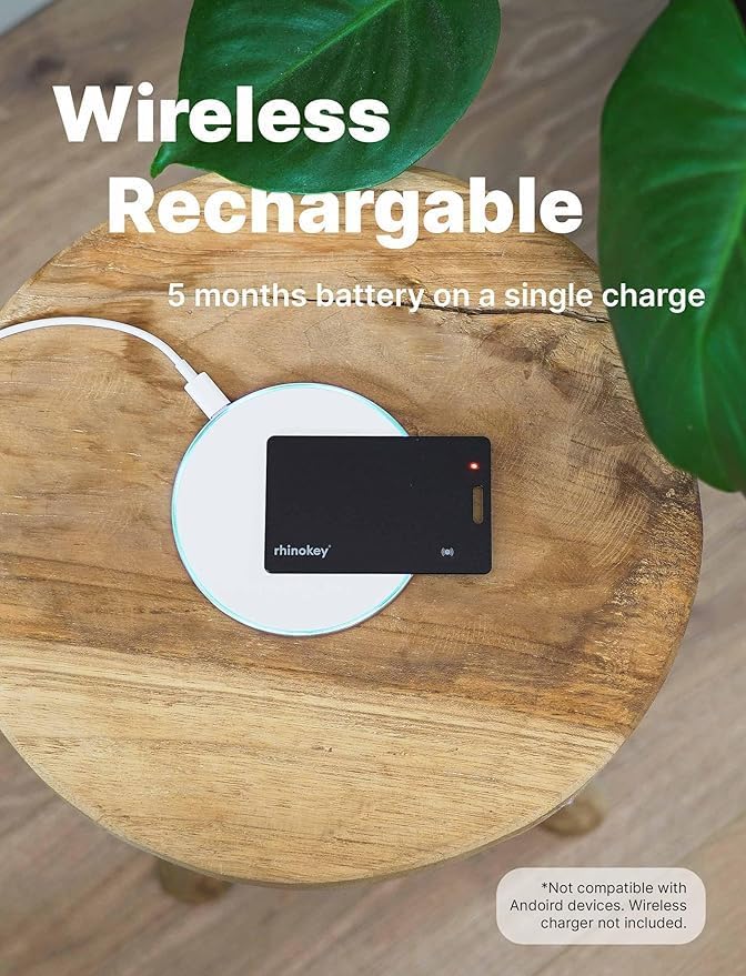 Rhinokey® Wallet Tracker Card (iOS Only) - Slim Rechargeable 1.8mm Thin Tracker Airtag Wallet IP68 Waterproof Apple Find My Luggage Tags Item Finder with Key Chain Hole
