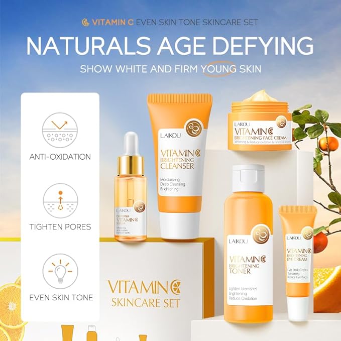 5Pcs Skincare Gift Set for Teenage Girls, Vitamin C Face Skin Care Kit With Cleanser, Toner, Face Serum, Eye Cream, Cream, Travel Skin Care Sets & Kits, Hydrating Facial Kit Skincare Set for Women Men