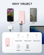 VRURC Portable Charger Built-in Cables and AC Wall Plug, USB C Power Bank 10000mAh, Travel Essentials Phone Charger Compact Lightweight External Battery Pack for Smart Phones, Tablets etc-Pink