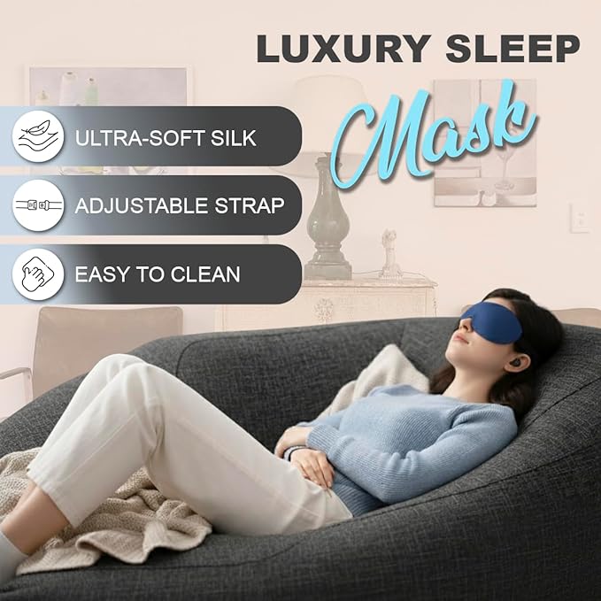 Luxury Sleep Mask – Pack of 2 Ultra-Soft Silk Eye Covers with Adjustable Strap & Soft Ear Loops, 3D Contoured Light Blocking Sleeping Mask for Travel, Naps & Relaxation(Black & Blue)