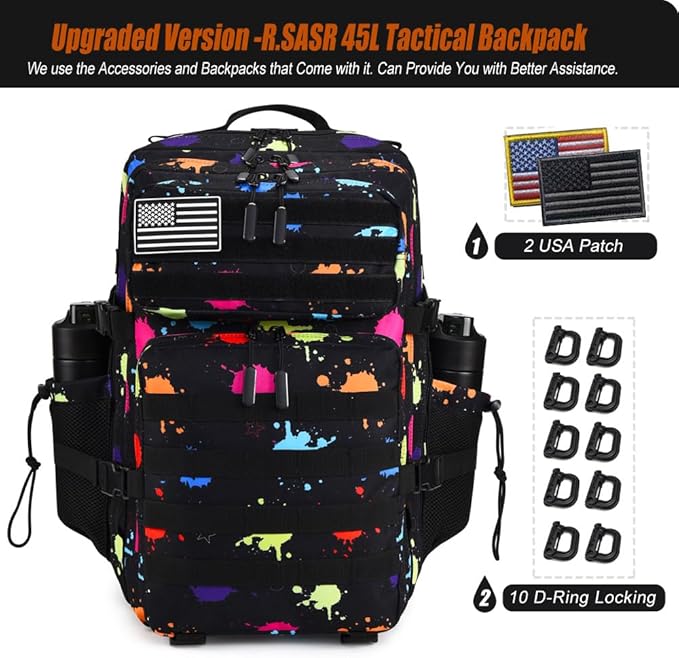 Military Tactical Backpack 45L Large Tactical Backpack for Men, Hiking Rucksack With Bottle Holder