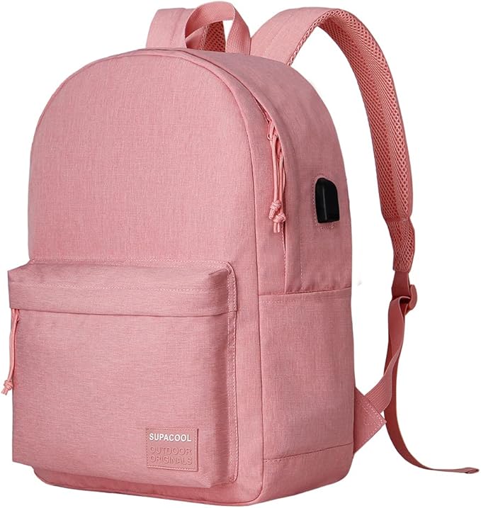 SUPACOOL Casual Laptop Backpack for Men and Women, Backpack for College, USB Charging Port, Lightweight Pack Back(Pink)