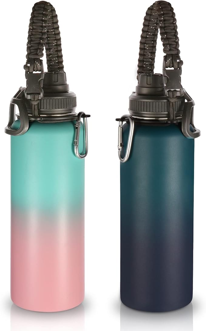 Volhoply Insulated Water Bottles Bulk 2 Pack, 40 oz Stainless Steel Sports Bottle with Paracord Handle & Spout Lid,Double Walled Water Cups with Wide Mouth, Reusable Big Water jug(Assorted,2 Set)