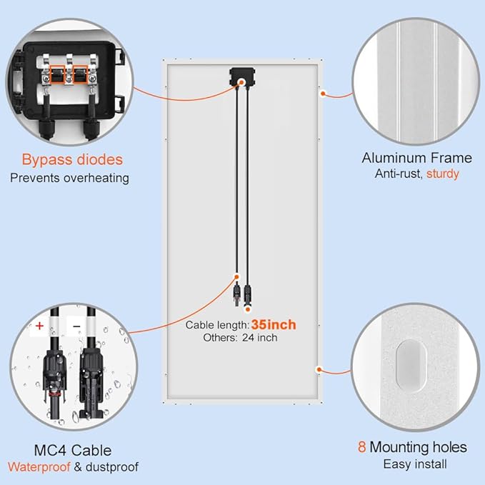 DOKIO 200W Monocrystalline Solar Panel 12V, 12BB Half-Cell High Efficiency Glass Module with Aluminum Frame, MC4 Connector, Pre-Drilled Holes for RV, Boat, Roof, Off-Grid Power