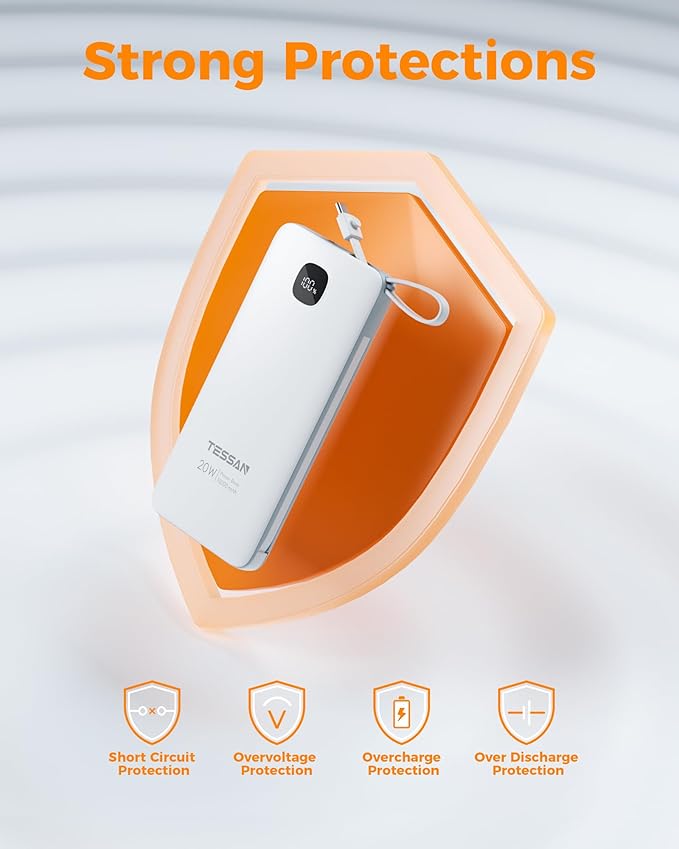 TESSAN Portable Charger with Built in Cables, 10000mAh Power Bank Fast Charging with Foldable Wall Plug Charger, 20W Compact Battery Pack Travel Essentials for iPhone 16/15 Series, Samsung, Tablets