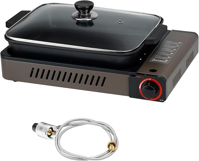 ONLYFIRE Butane Stove with Grill Pan, Portable Stove with Small Griddle & Lid, Camping Stove Instant Ignition, Camp Stove for Cooking, Patio Backyard, Camping, RV and Emergency Use, GS349