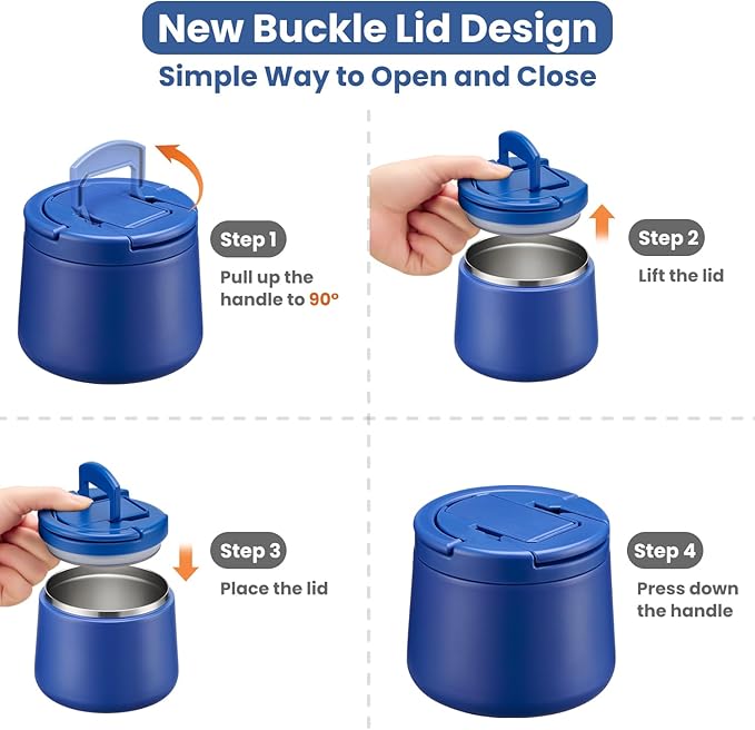 14oz Insulated Vacuum Food Jar with Buckle Lid,Soup Thermo for Hot Food Kids,Wide Mouth Leakproof Stainless Steel Lunch Container with Spoon-Light Blue