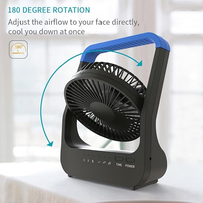 Portable Desk Fan, D Battery Operated Fan for Hurricane, Powered Fan by USB Cable 214H Long Lasting with Timer 6'' Portable for Outdoor Camping Quiet 3 Speeds for Office Bedroom(Blue)