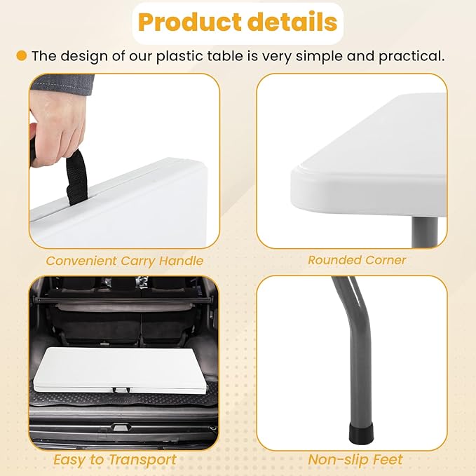 FDW 6FT Folding Picnic Table for Outdoor, Portable Fold-in-Half Plastic Dining Picnic Party Table with Carrying Handle