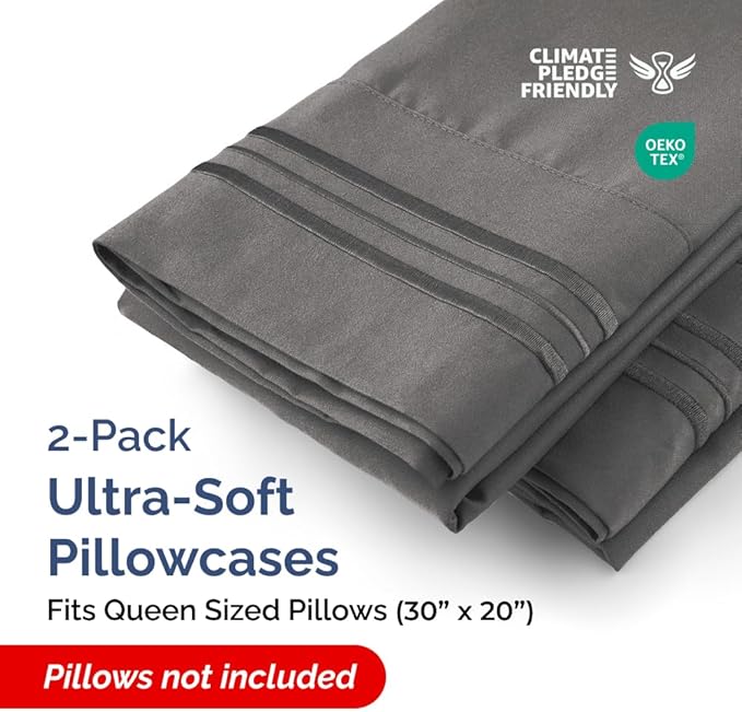 Queen Pillow Cases Set of 2 - Ultra Soft Hotel Quality Pillowcase Covers - Comfy Cozy Bedding for Women, Men, Kids and Teens - Machine Washable Pillow Protectors - 2 Pieces Set - Queen Size Charcoal