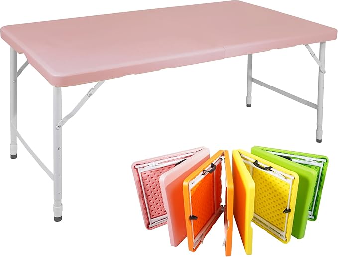 4 FT Folding Table with Carry Handle, Portable Fold-in-Half Plastic Table, Rectangle Foldable Table for Indoor/Outdoor Pink