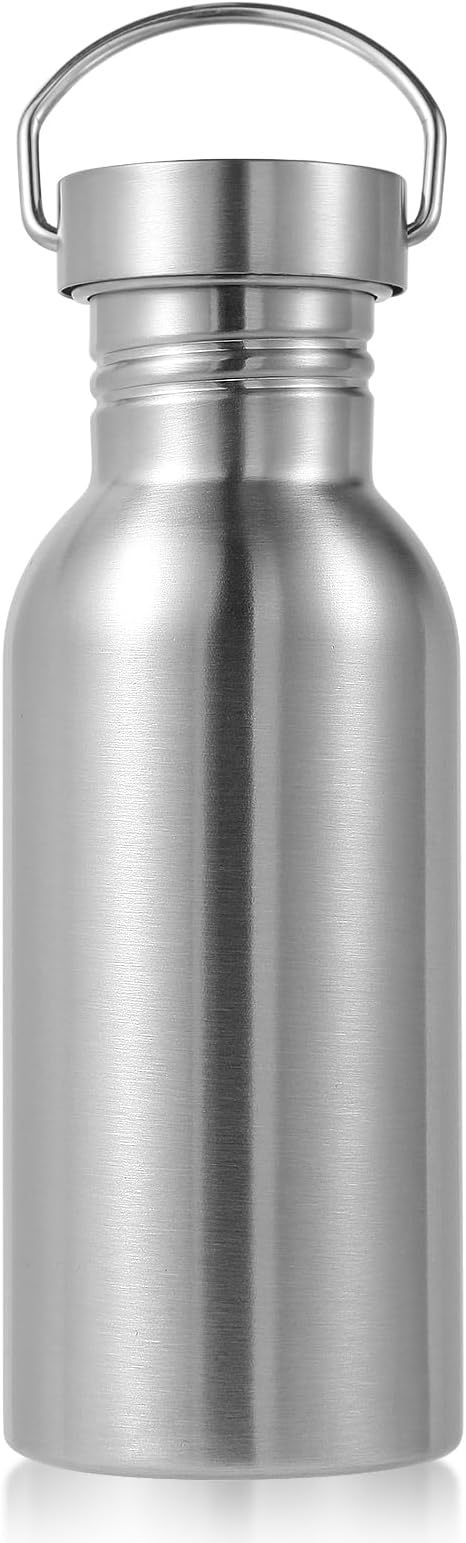 Volhoply 20oz Stainless Steel Water Bottle with Handle,Non Insulated Single Wall, Dishwasher Safe No Plastic 18/8 304 Metal Water Bottles with Wide Mouth for Camping, Hikers, Cyclists