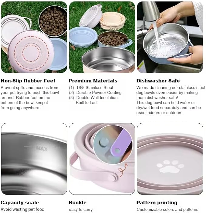 3-in-1 Travel Dog & Cat Bowl – Collapsible BPA-Free Silicone & 18/8 Stainless Steel, Portable & Non-Slip with Handle, Easy to Clean, Food & Water Bowl for On-the-Go Pets, Bottl/Poop Bag Holder